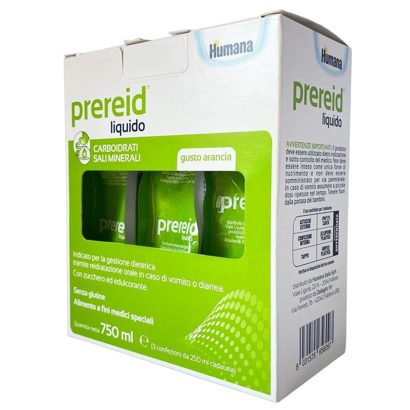 Formato di Humana Prereid Liquido Soluzione Reidratante per Disidratazione 3x250ml Formato di Humana Prereid Liquido Soluzione Reidratante per Disidratazione 3x250ml