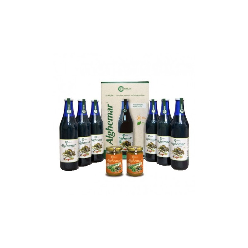 Alghemar Kit 6 bottiglie da 1000ml + 2 vasetti patè 275 g per integrazione naturale di alghe e benessere alimentare