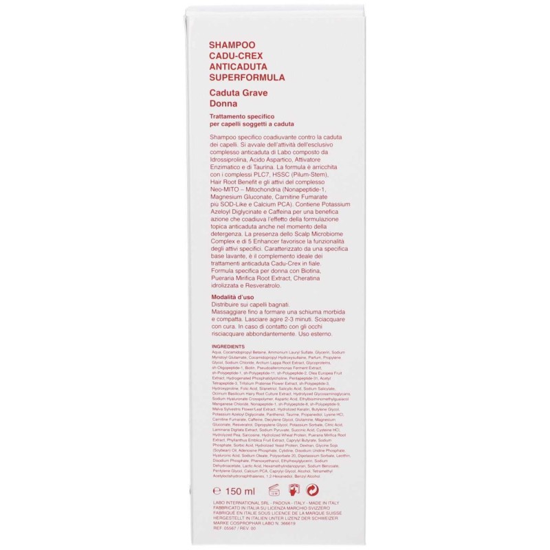 Vista del prodotto: Labo Shampoo Cadu-Crex Donna Anticaduta Grave 150 ml | Shampoo Rinforzante Vista del prodotto: Labo Shampoo Cadu-Crex Donna Anticaduta Grave 150 ml | Shampoo Rinforzante