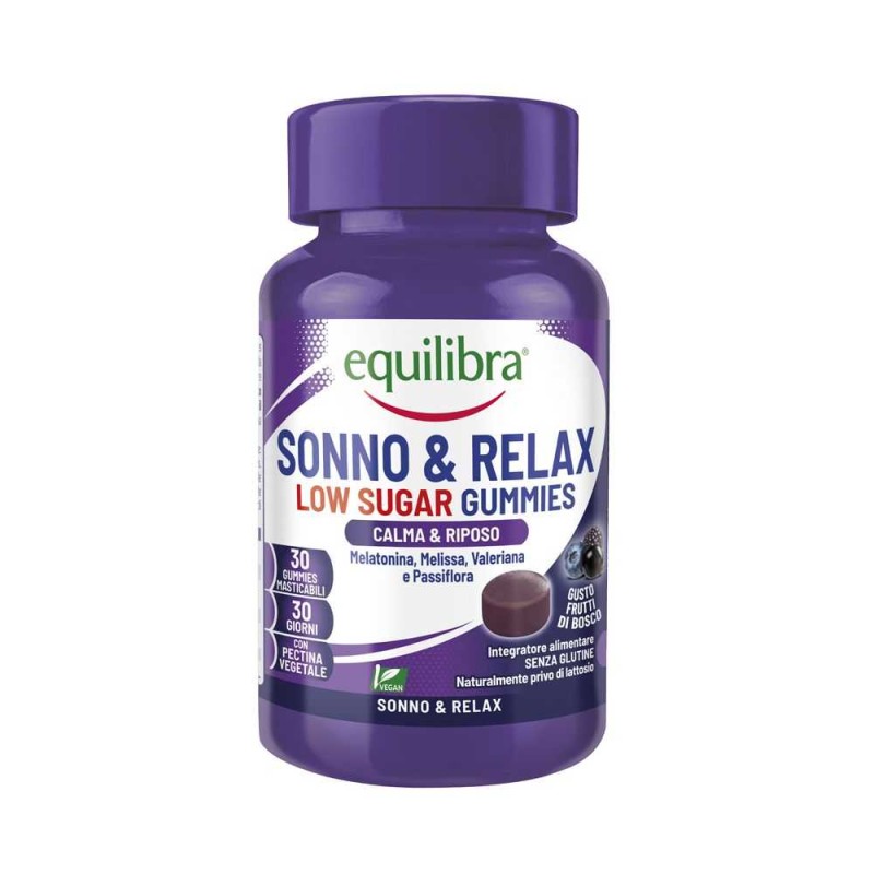 Primo piano di Equilibra Sonno & Relax Gummies Low Sugar per Sonno 30 Caramelle Primo piano di Equilibra Sonno & Relax Gummies Low Sugar per Sonno 30 Caramelle