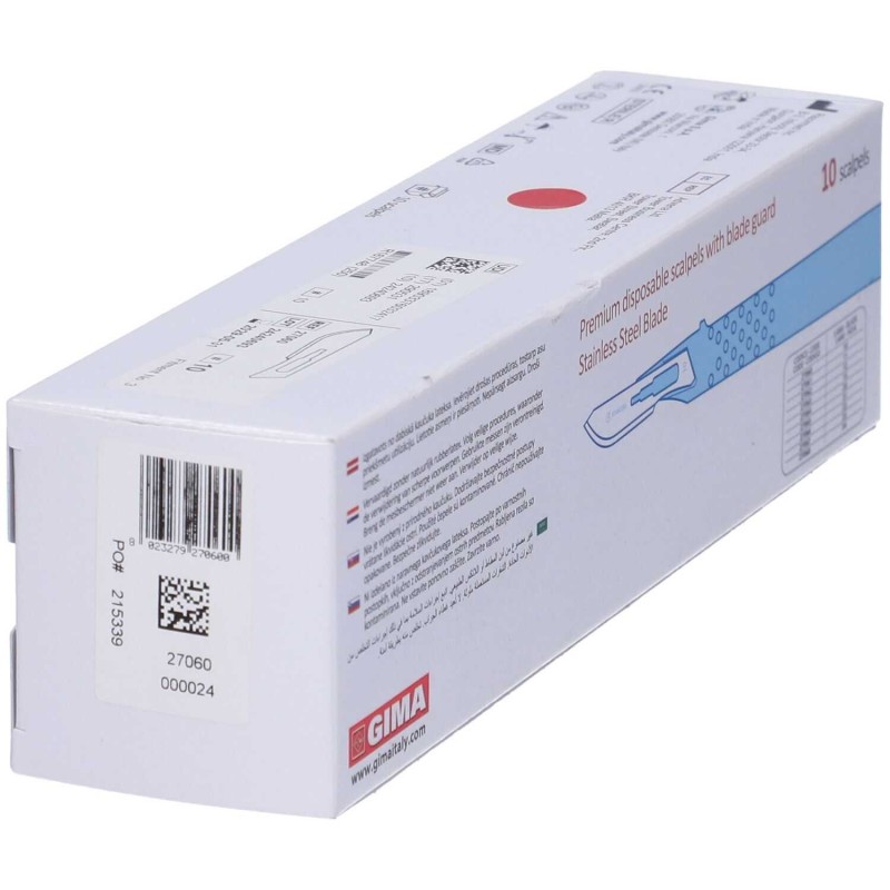 Dettaglio del packaging di Gima Bisturi Monouso Lama Acciaio Manico PVC 10 Pezzi Dettaglio del packaging di Gima Bisturi Monouso Lama Acciaio Manico PVC 10 Pezzi