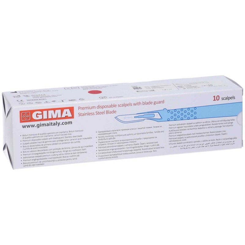 Dettaglio del packaging di Gima Bisturi Monouso Lama Acciaio Manico PVC 10 Pezzi Dettaglio del packaging di Gima Bisturi Monouso Lama Acciaio Manico PVC 10 Pezzi