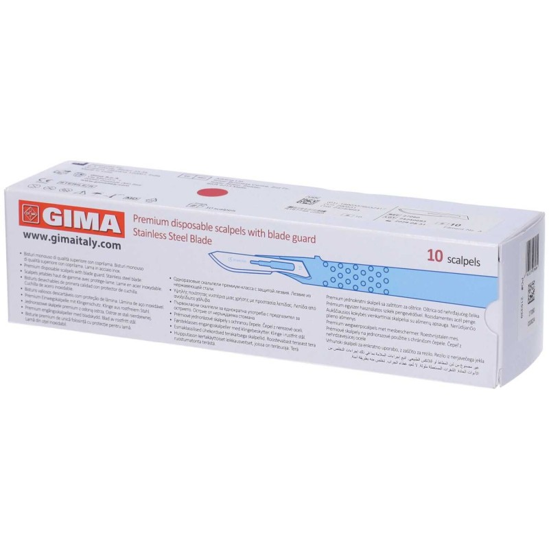 Dettaglio del packaging di Gima Bisturi Monouso Lama Acciaio Manico PVC 10 Pezzi Dettaglio del packaging di Gima Bisturi Monouso Lama Acciaio Manico PVC 10 Pezzi