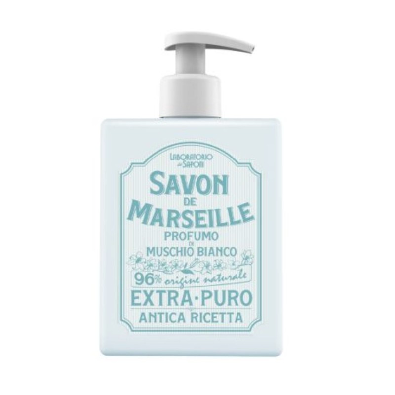 flacone di Laboratorio dei Saponi Sapone di Marsiglia al Profumo di Muschio Bianco 500 ml flacone di Laboratorio dei Saponi Sapone di Marsiglia al Profumo di Muschio Bianco 500 ml