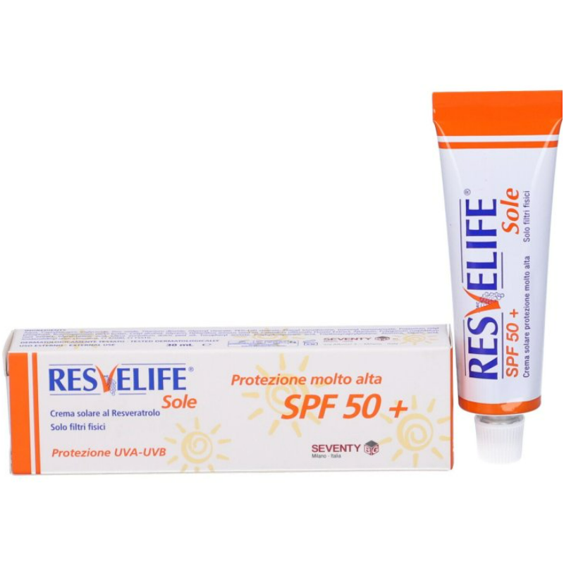 confezione di Resvelife Sole Crema Viso Antietà con SPF50 per Pelli Sensibili 30ml confezione di Resvelife Sole Crema Viso Antietà con SPF50 per Pelli Sensibili 30ml