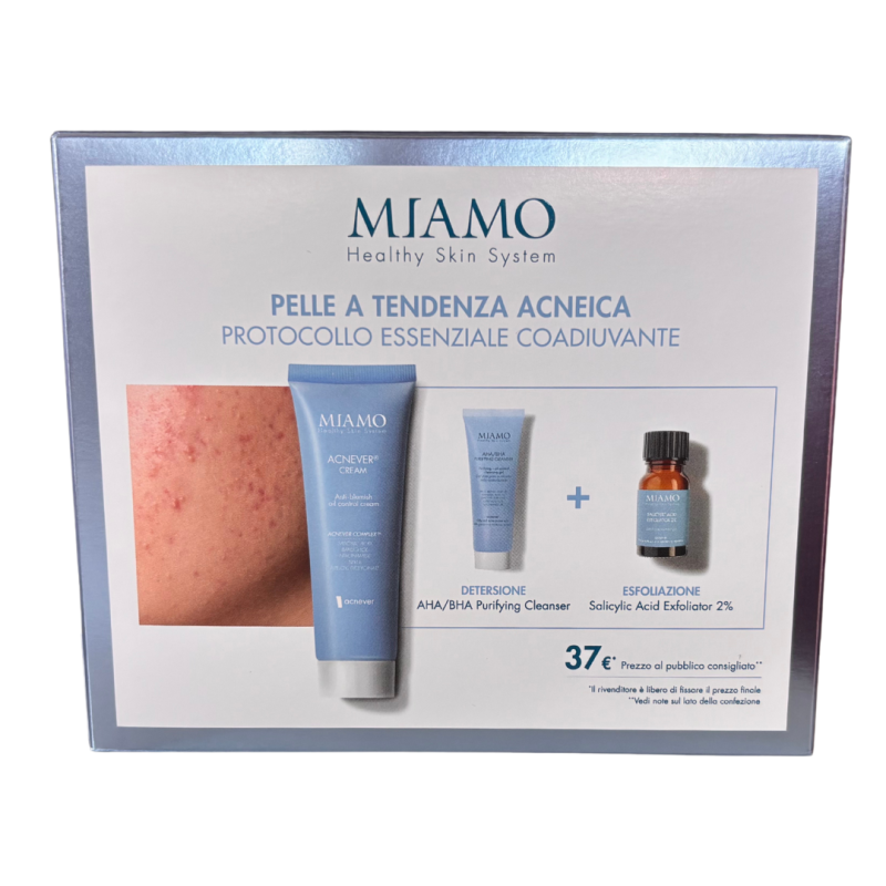 confezione di Miamo Cofanetto Pelle Acneica con Acnever Cream 50ml + Omaggi Aha/bha 50ml e Salicilico 10ml confezione di Miamo Cofanetto Pelle Acneica con Acnever Cream 50ml + Omaggi Aha/bha 50ml e Salicilico 10ml