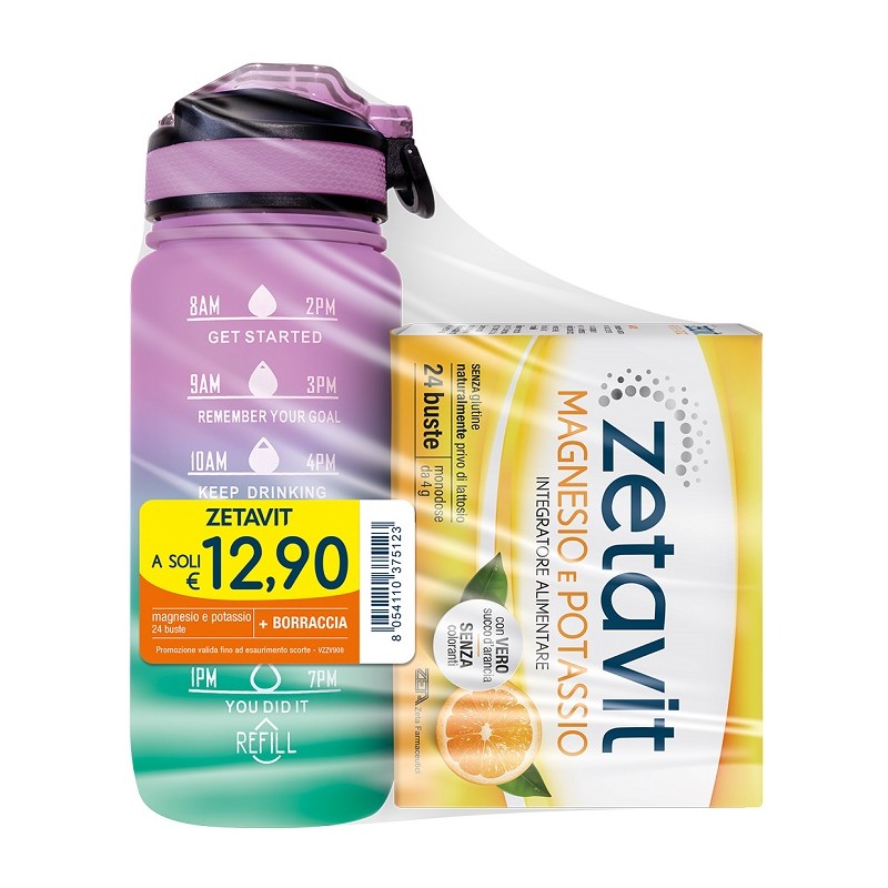Zetavit Magnesio Potassio integratore sali minerali per sportivi 24 bustine + borraccia Zetavit Magnesio Potassio integratore sali minerali per sportivi 24 bustine + borraccia