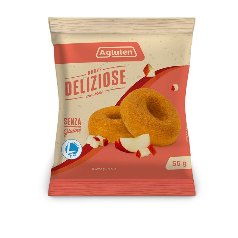 Agluten Deliziose ciambelle senza glutine e lattosio con mele e uvetta 55g Agluten Deliziose ciambelle senza glutine e lattosio con mele e uvetta 55g