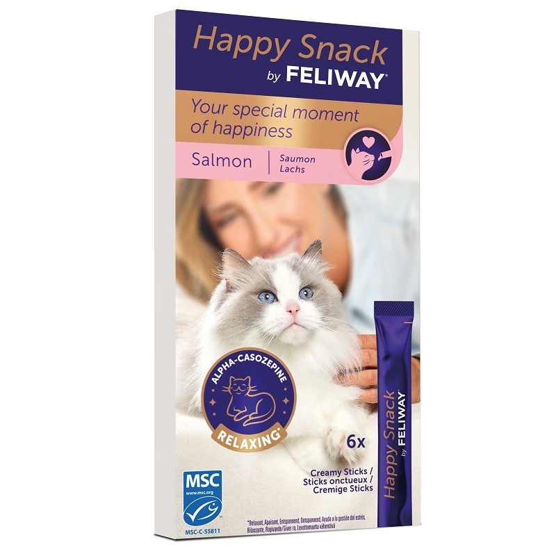 Happy Snack by Feliway snack rilassanti per gatti al salmone 6 stick da 15 g Happy Snack by Feliway snack rilassanti per gatti al salmone 6 stick da 15 g