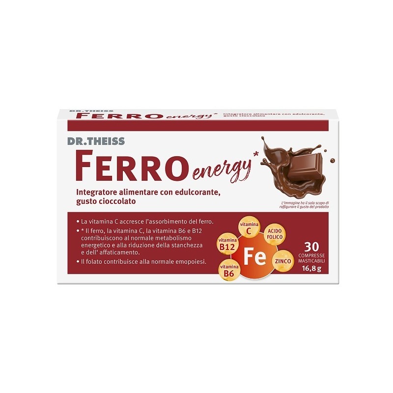 Formato di Theiss Ferro Energy Cioccolato Integratore per Energia e Stanchezza 30 Compresse Masticabili Formato di Theiss Ferro Energy Cioccolato Integratore per Energia e Stanchezza 30 Compresse Masticabili