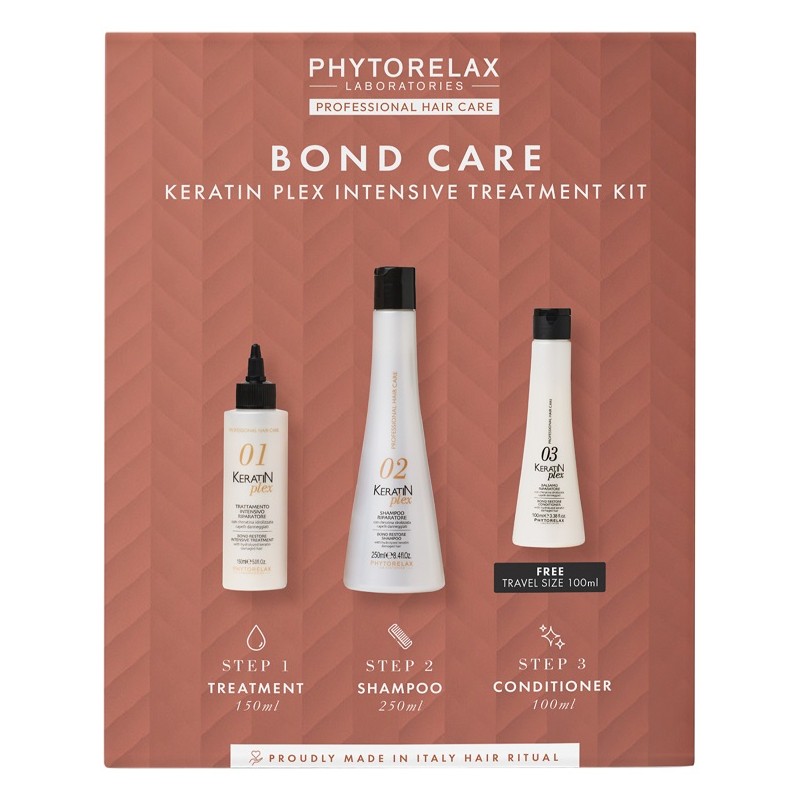 Phytorelax Bond Care Keratin Plex Kit riparatore capelli danneggiati trattamento, shampoo e balsamo 150+250+100ml