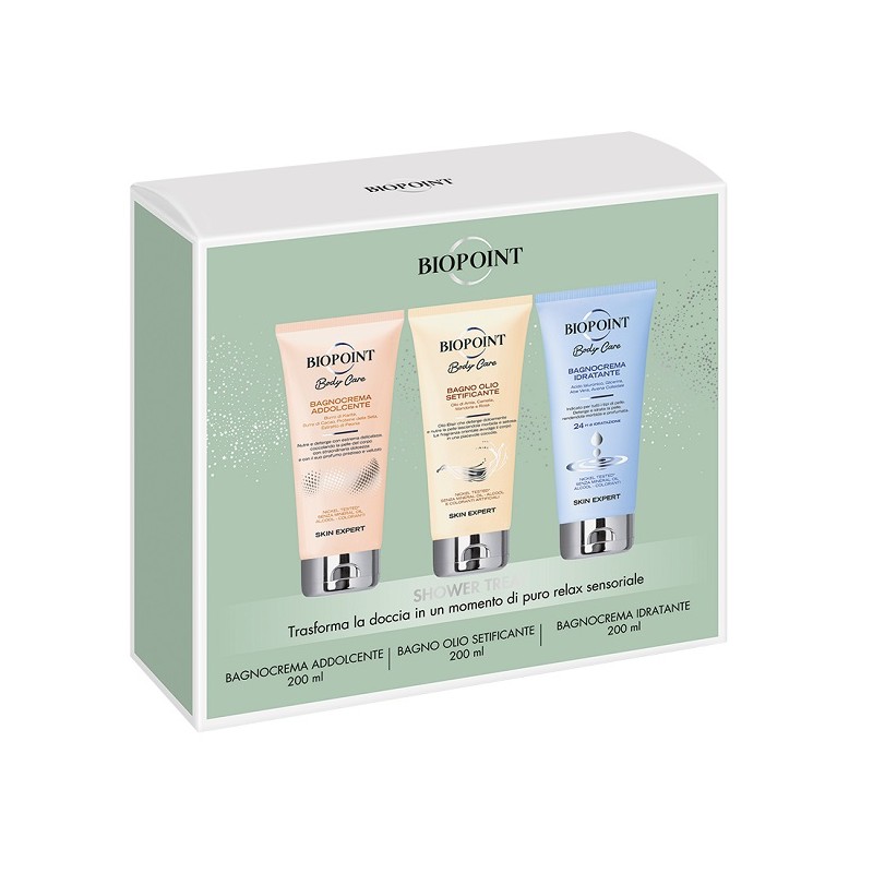 Biopoint Shower Treat kit bagno per cura corpo con bagnocrema, bagno olio e idratante 3x200ml Biopoint Shower Treat kit bagno per cura corpo con bagnocrema, bagno olio e idratante 3x200ml