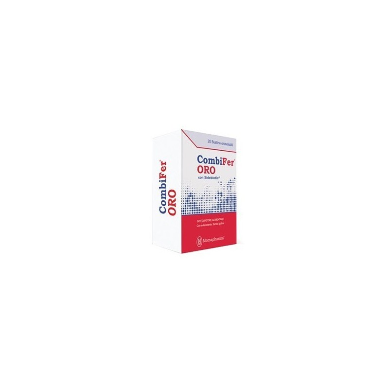Momacare Pharma Combifer Oro integratore ferro, immunità e benessere intestinale 20 bustine orosolubili Momacare Pharma Combifer Oro integratore ferro, immunità e benessere intestinale 20 bustine orosolubili