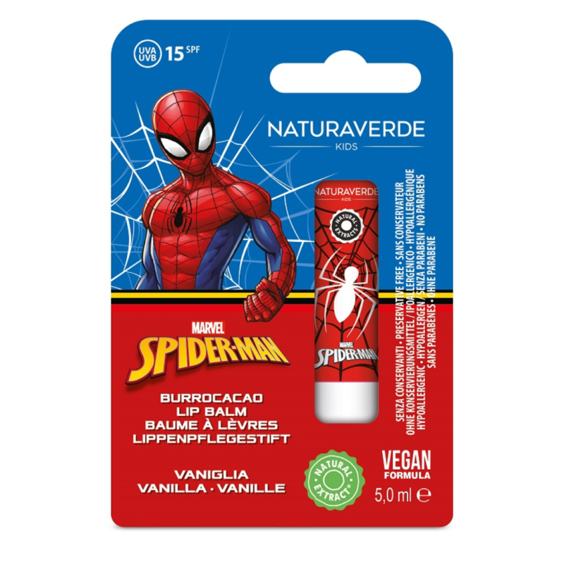confezione di Spiderman Burrocacao Labbra Nutriente alla Vaniglia con SPF15 Stick 5ml confezione di Spiderman Burrocacao Labbra Nutriente alla Vaniglia con SPF15 Stick 5ml