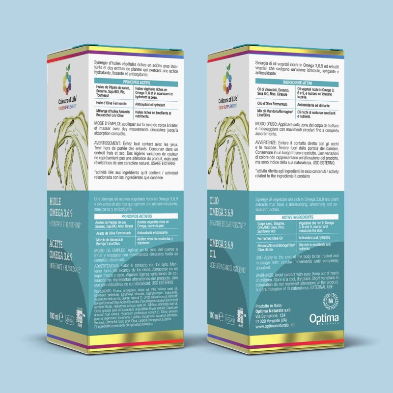 Dettaglio del packaging di Olio Omega 3.6.9 Idratante ed Elasticizzante per Corpo 100ml Dettaglio del packaging di Olio Omega 3.6.9 Idratante ed Elasticizzante per Corpo 100ml