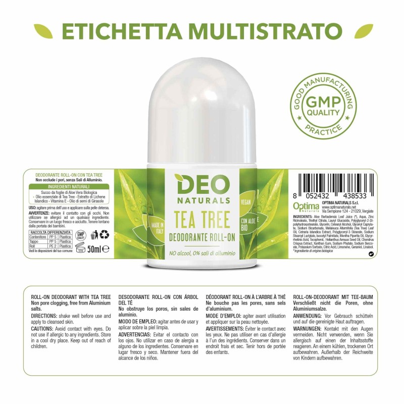 Primo piano di Deonaturals Roll On Tea Tree per Protezione Duratura 50ml