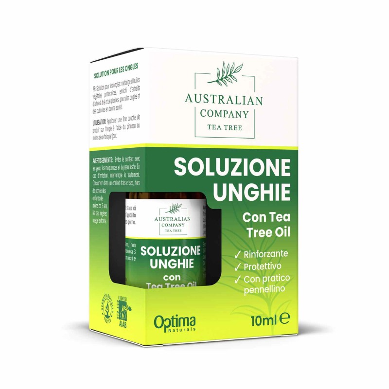 Foto illustrativa del packaging di Soluzione Unghie Rinforzante al Tea Tree Oil 10 ml Foto illustrativa del packaging di Soluzione Unghie Rinforzante al Tea Tree Oil 10 ml