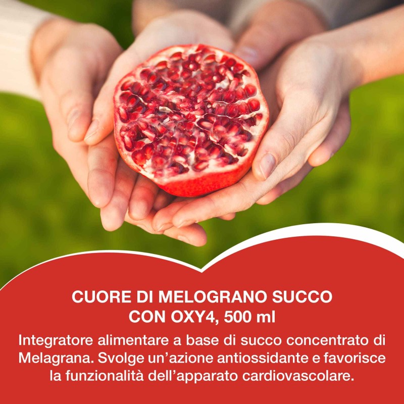 Primo piano di Cuore di Melograno con Oxy4 Integratore per Benessere Cuore 500ml