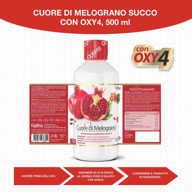Presentazione grafica di Cuore di Melograno con Oxy4 Integratore per Benessere Cuore 500ml