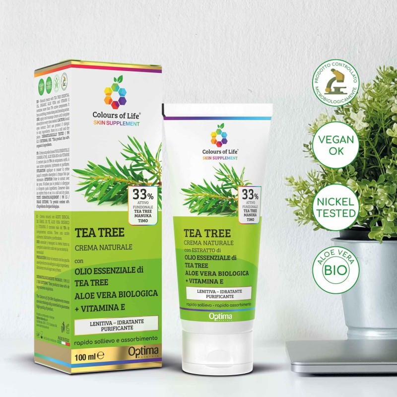 Packaging integro del prodotto Tea Tree Crema per Acne 100ml Packaging integro del prodotto Tea Tree Crema per Acne 100ml