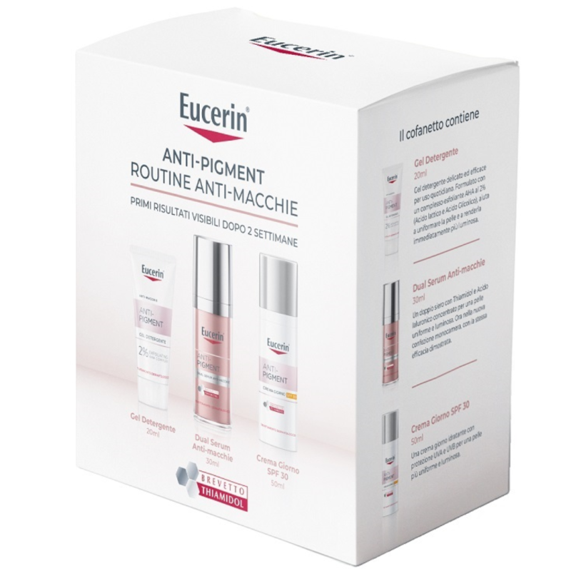confezione di Eucerin Routine Anti-Pigment Gel Detergente + Siero + Crema SPF30