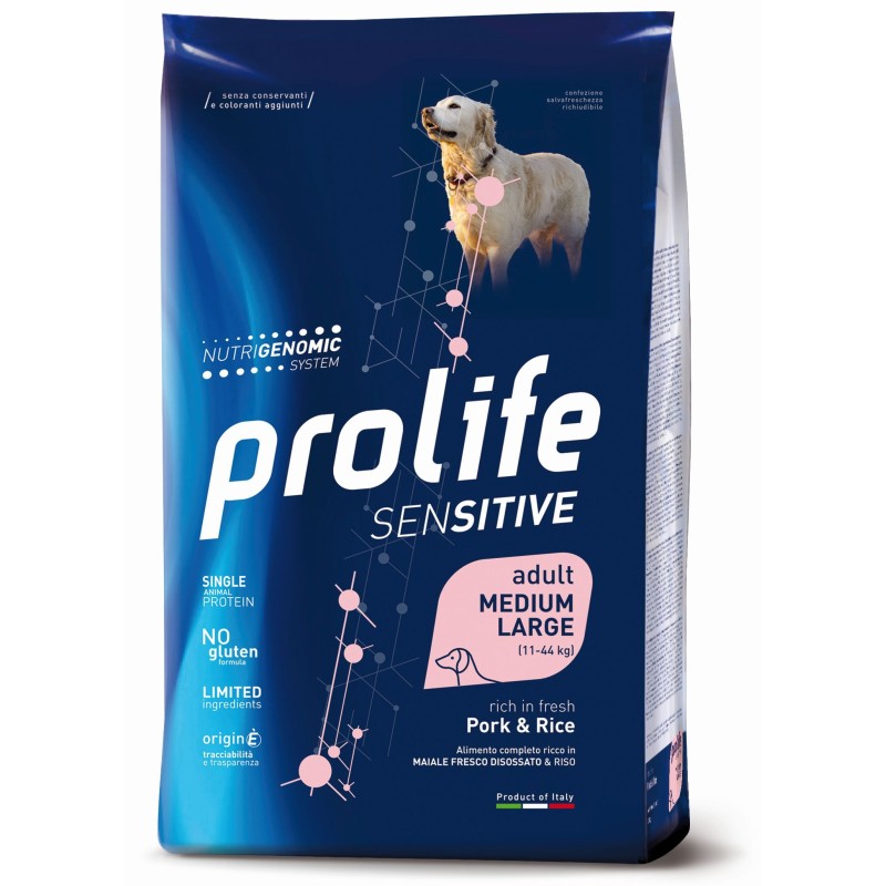 Prolife Cane Sensitive Adulto Medium&Large Maiale & Riso 2,5 kg Alimento completo cani sensibili