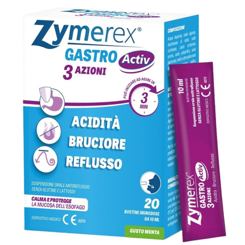 confezione di Zymerex Gastro Activ 3 Azioni Integratore Acidità e Reflusso Gusto Menta 20 Bustine