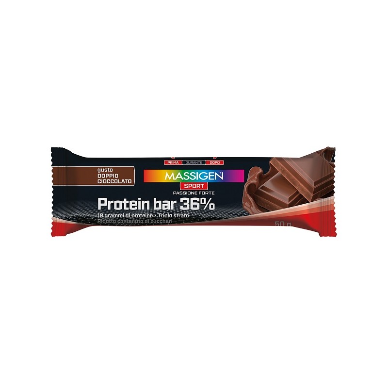 Massigen Sport Protein Barretta 36% doppio cioccolato per massa muscolare 35g Massigen Sport Protein Barretta 36% doppio cioccolato per massa muscolare 35g