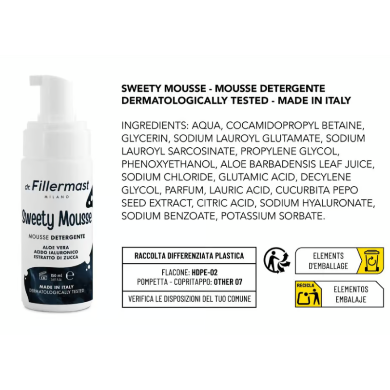 etichetta di Dr. Fillermast Sweety Mousse Detergente Purificante Viso con Aloe Vera etichetta di Dr. Fillermast Sweety Mousse Detergente Purificante Viso con Aloe Vera