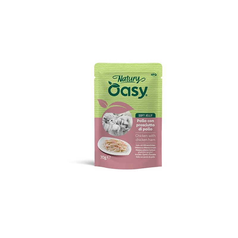 Oasy Wet Cat Natury Soft Jelly Pollo con Prosciutto di Pollo 70g – Alimento complementare per gatti Oasy Wet Cat Natury Soft Jelly Pollo con Prosciutto di Pollo 70g – Alimento complementare per gatti