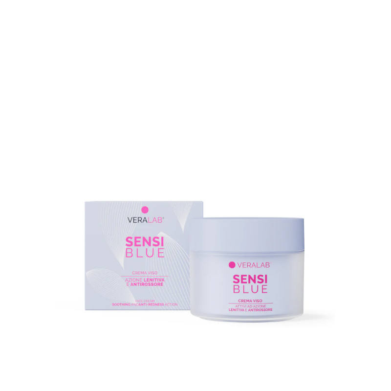 confezione di Veralab Sensiblue Crema Viso Lenitiva e Antirossore 45ml
