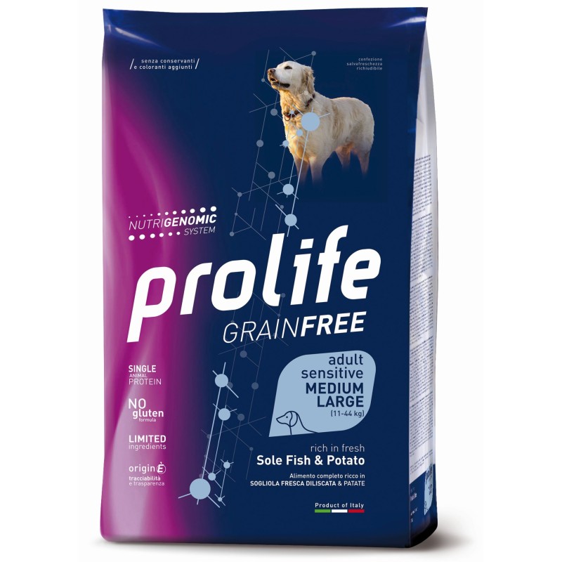 Prolife Cane Grain Free Sensitive Adulto Medium&Large Sogliola & Patate 2,5 kg - Alimento completo per cani sensibili