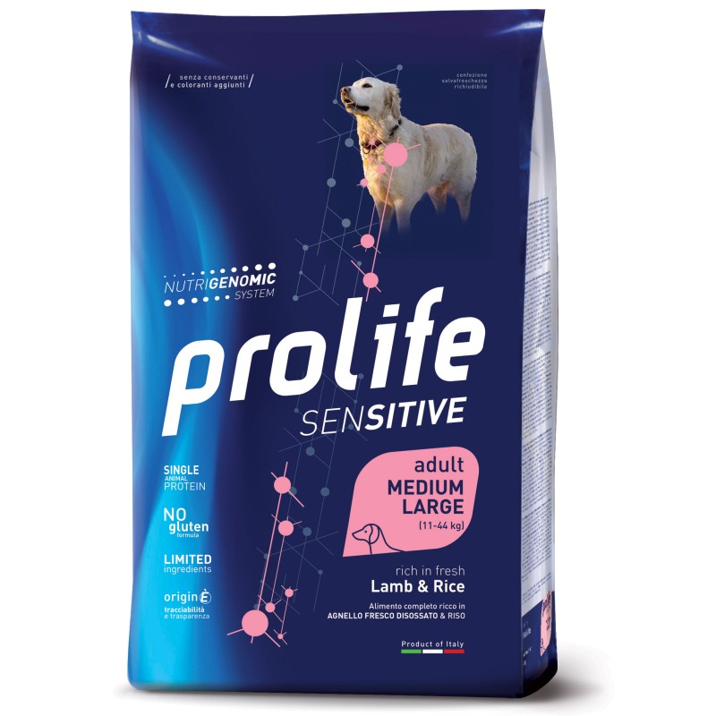 Prolife Cane Sensitive Adulto Medium&Large Agnello & Riso 10 kg Alimento completo per cani sensibili