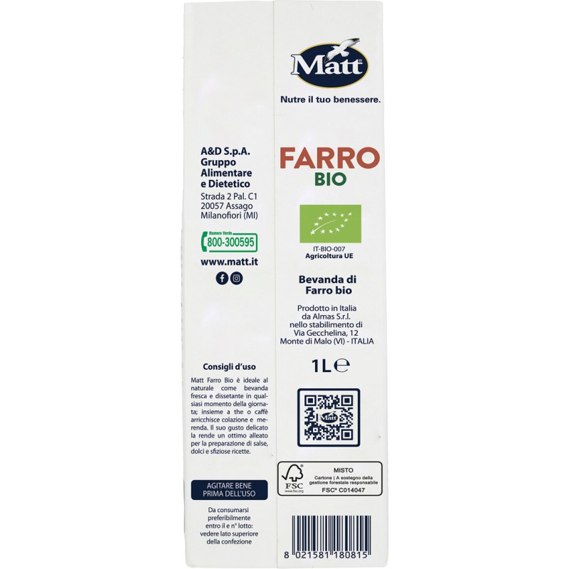 Matt Farro Bio Latte di Farro Vegetale Senza Lattosio 1 Litro