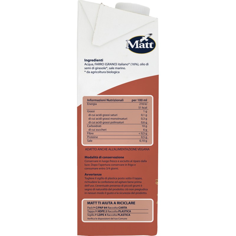 Matt Farro Bio Latte di Farro Vegetale Senza Lattosio 1 Litro