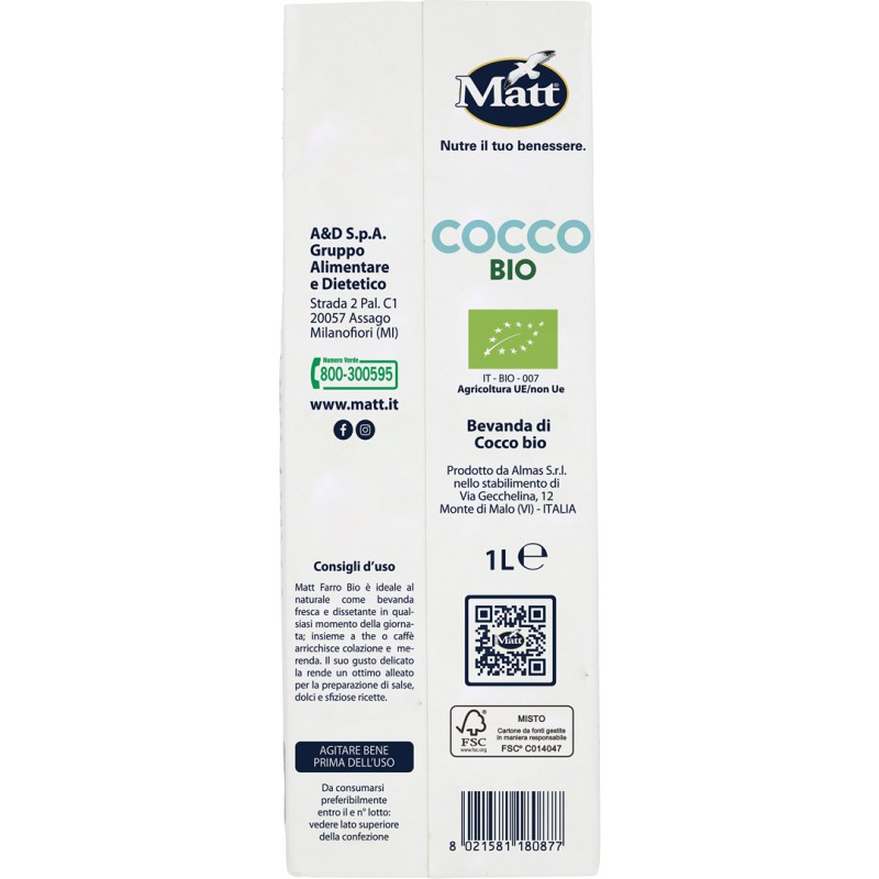 Matt Cocco Bio Bevanda Vegetale alternativa al latte senza lattosio e glutine 1 Litro Matt Cocco Bio Bevanda Vegetale alternativa al latte senza lattosio e glutine 1 Litro