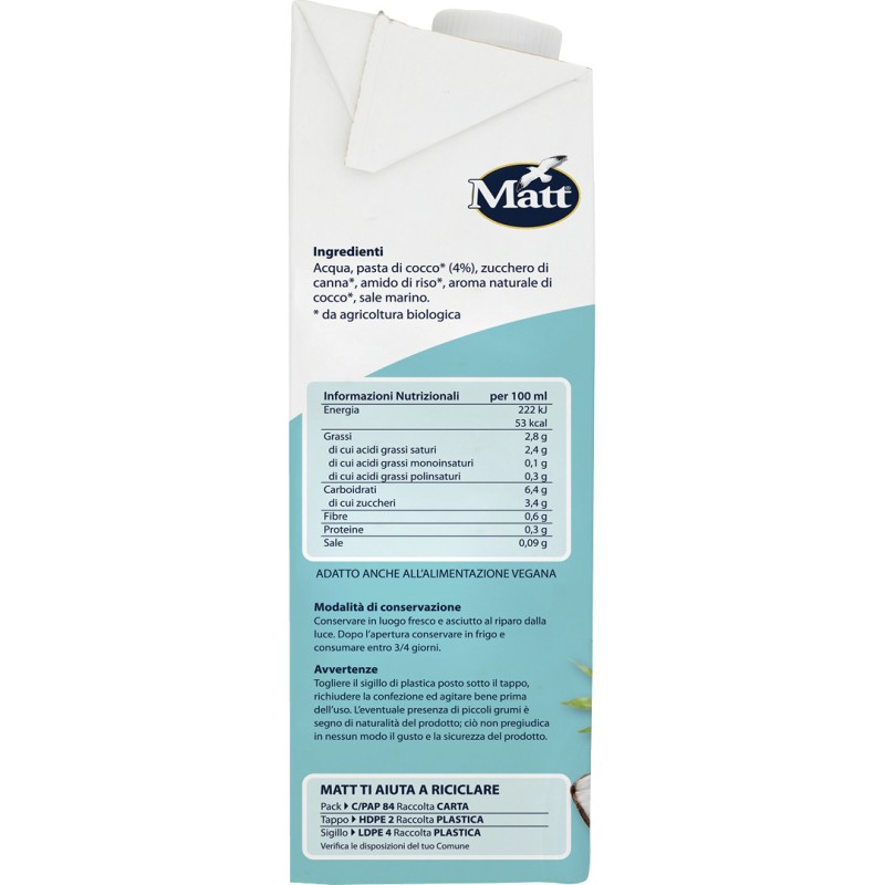 Matt Cocco Bio Bevanda Vegetale alternativa al latte senza lattosio e glutine 1 Litro Matt Cocco Bio Bevanda Vegetale alternativa al latte senza lattosio e glutine 1 Litro