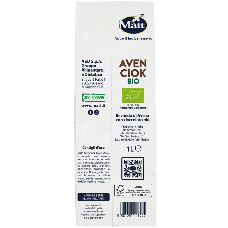 Matt Avenciok Bio Bevanda Vegetale Late di Avena al Cioccolato 1 Litro