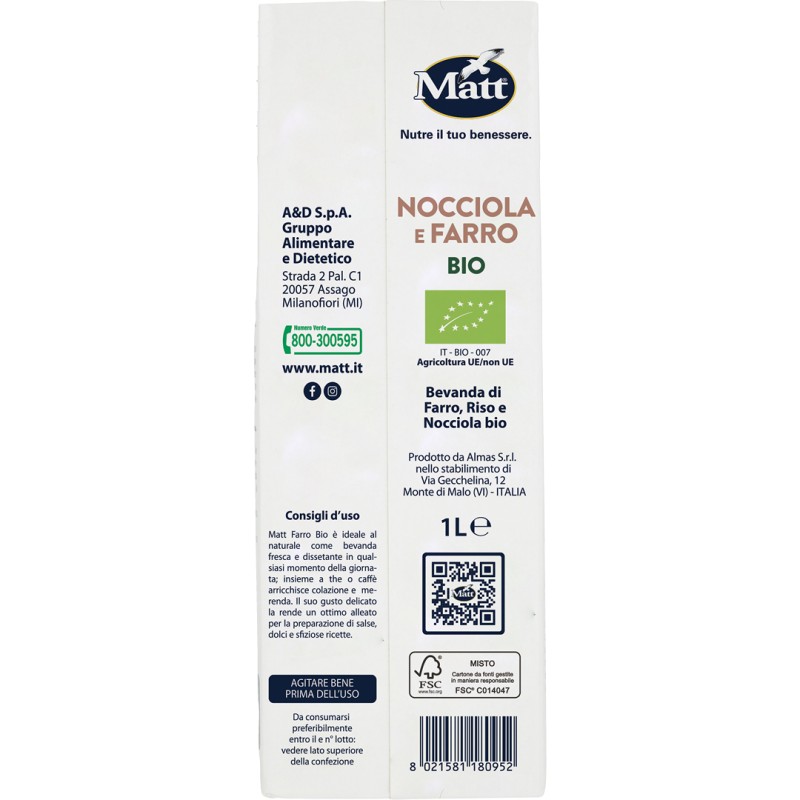 Matt Nocciola Farro Bio Latte Vegetale di Farro Senza Lattosio e Vegani 1 Litro Matt Nocciola Farro Bio Latte Vegetale di Farro Senza Lattosio e Vegani 1 Litro