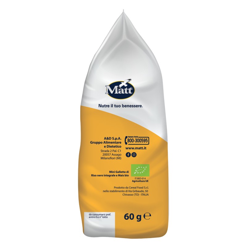 Matt Snack Sfiziosi Riso Nero/Mais Bio snack senza glutine ricco di fibre 60g Matt Snack Sfiziosi Riso Nero/Mais Bio snack senza glutine ricco di fibre 60g