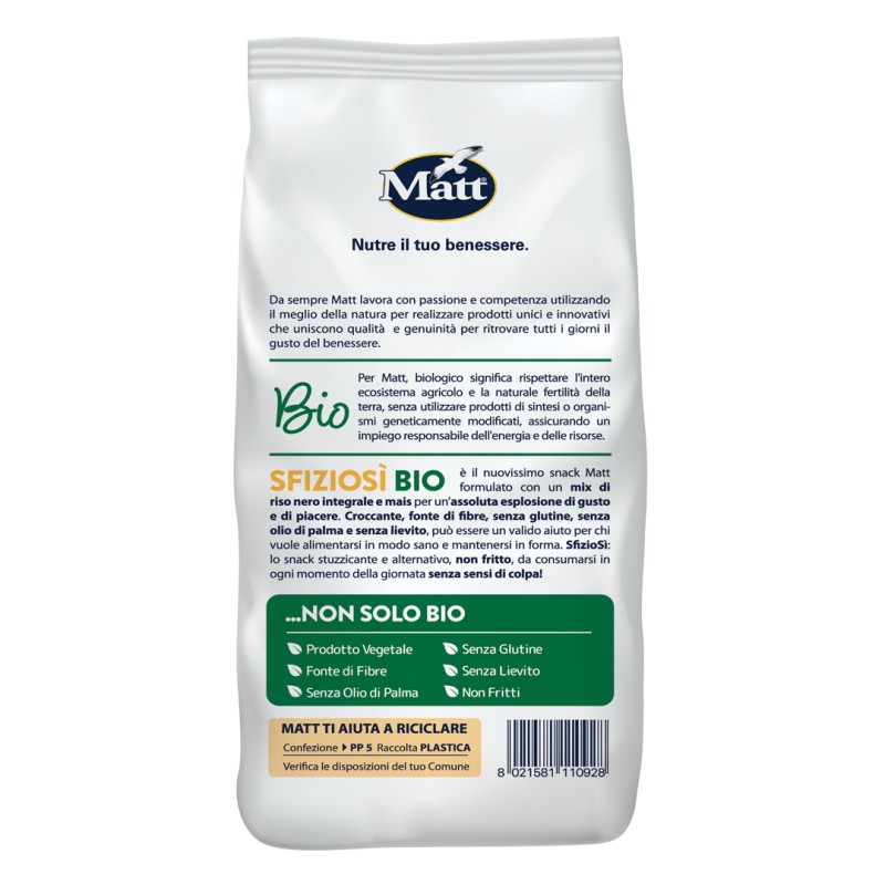 Matt Snack Sfiziosi Riso Nero/Mais Bio snack senza glutine ricco di fibre 60g Matt Snack Sfiziosi Riso Nero/Mais Bio snack senza glutine ricco di fibre 60g