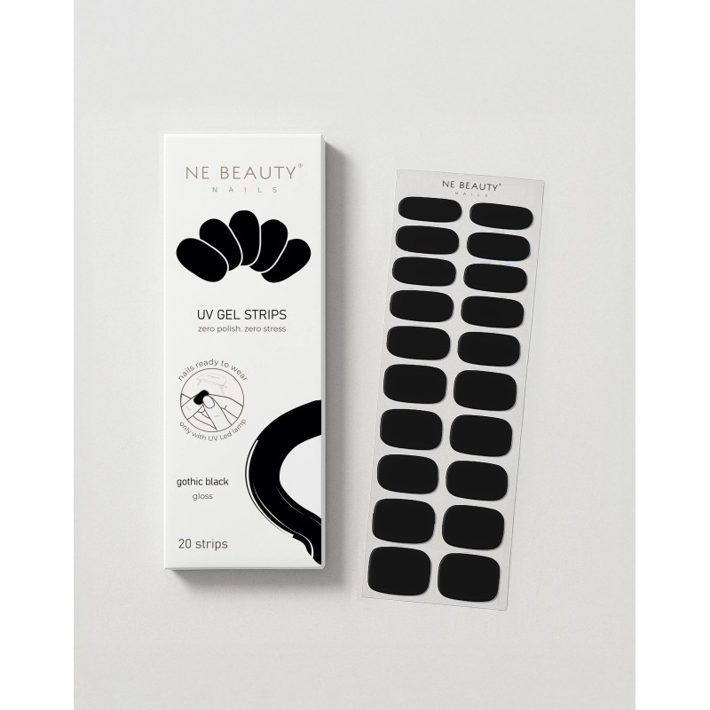 confezione di Ne Beauty Gothic Black UV 20 Strips per Manicure Nera Brillante e Lunga Durata 20 Strisce in Gel confezione di Ne Beauty Gothic Black UV 20 Strips per Manicure Nera Brillante e Lunga Durata 20 Strisce in Gel