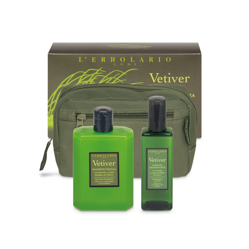 confezione di L'Erbolario Vetiver Beauty Verde Freschezza kit deodorante e shampoo doccia per freschezza quotidiana 100ml+250ml