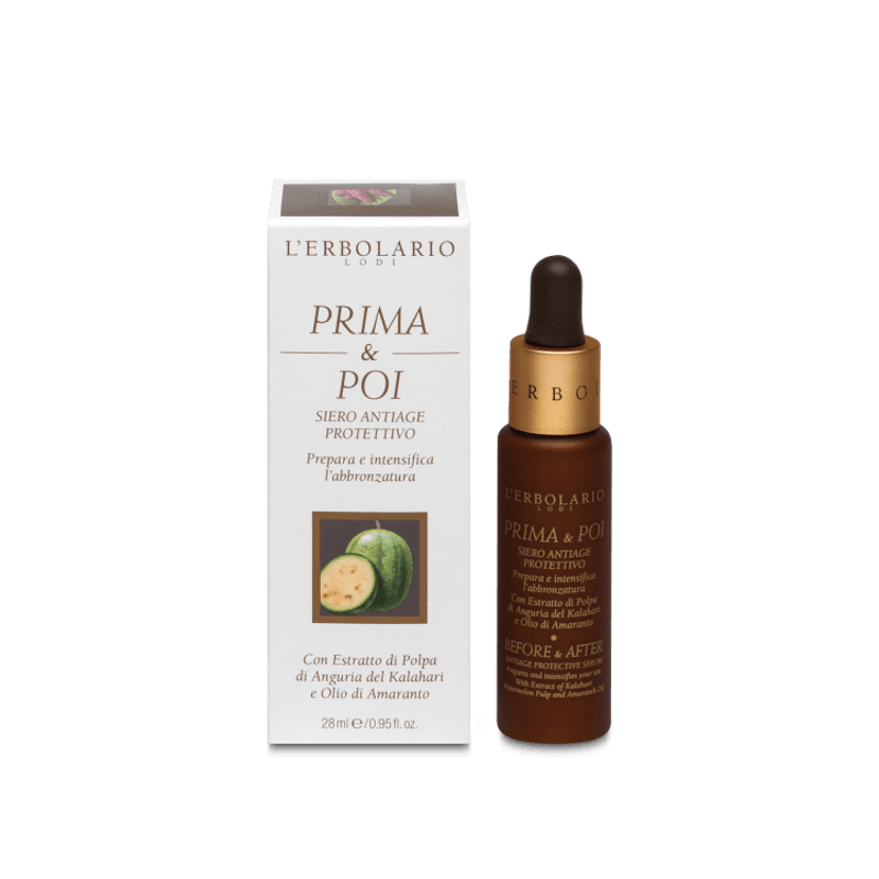 confezione di L’Erbolario Prima & Poi Siero Antiage Preparatore D'Abbronzatura Confezione 28ml confezione di L’Erbolario Prima & Poi Siero Antiage Preparatore D'Abbronzatura Confezione 28ml