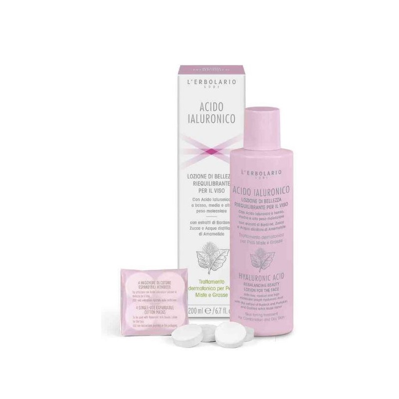 confezione di L’Erbolario Acido Ialuronico Lozione Riequilibrante Viso Flacone 200ml + 4 Maschere Monouso confezione di L’Erbolario Acido Ialuronico Lozione Riequilibrante Viso Flacone 200ml + 4 Maschere Monouso