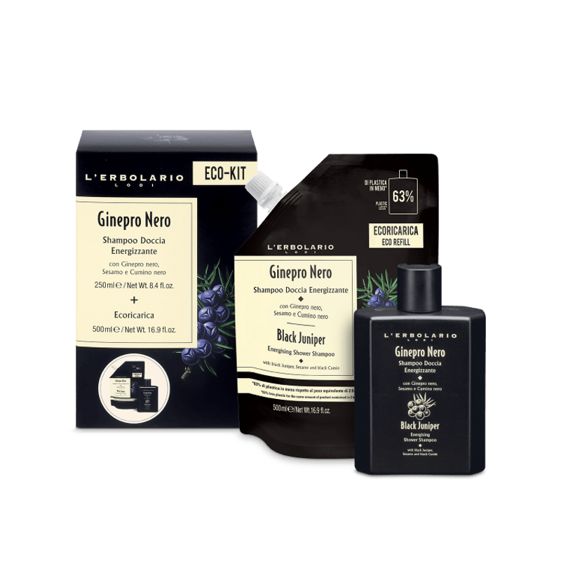 confezione di L’Erbolario Ginepro Nero Eco Kit Shampoo Doccia Confezione 250ml + Ricarica 500ml confezione di L’Erbolario Ginepro Nero Eco Kit Shampoo Doccia Confezione 250ml + Ricarica 500ml