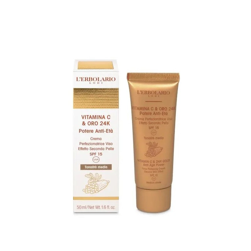 confezione di L’Erbolario Crema Perfezionatrice Viso Vitamina C e Oro 24K Tonalità Media Tubetto 50ml