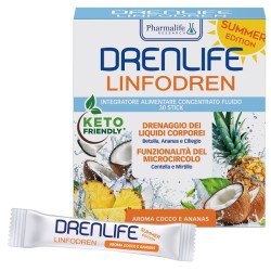 confezione di Drenlife Linfodren Summer Edition Integratore Drenante per Gambe Leggere 30 Stick 10 ml
