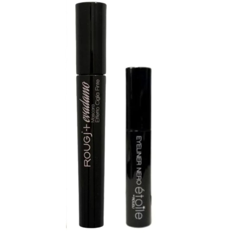 dettaglio prodotti Rougj Kit 2 Sguardo Intenso Mascara Effetto Ciglia Finte + Eyeliner Colore Nero dettaglio prodotti Rougj Kit 2 Sguardo Intenso Mascara Effetto Ciglia Finte + Eyeliner Colore Nero