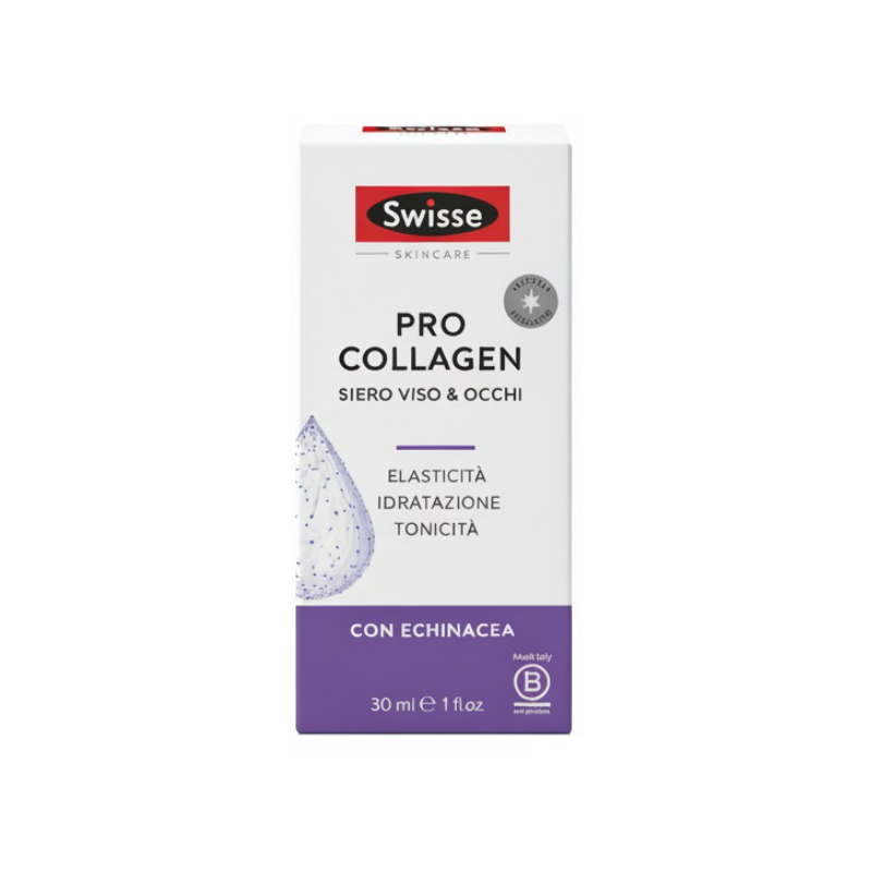 confezione di Swisse Pro Collagen Siero Viso e Occhi Idratante e Antietà 30ml